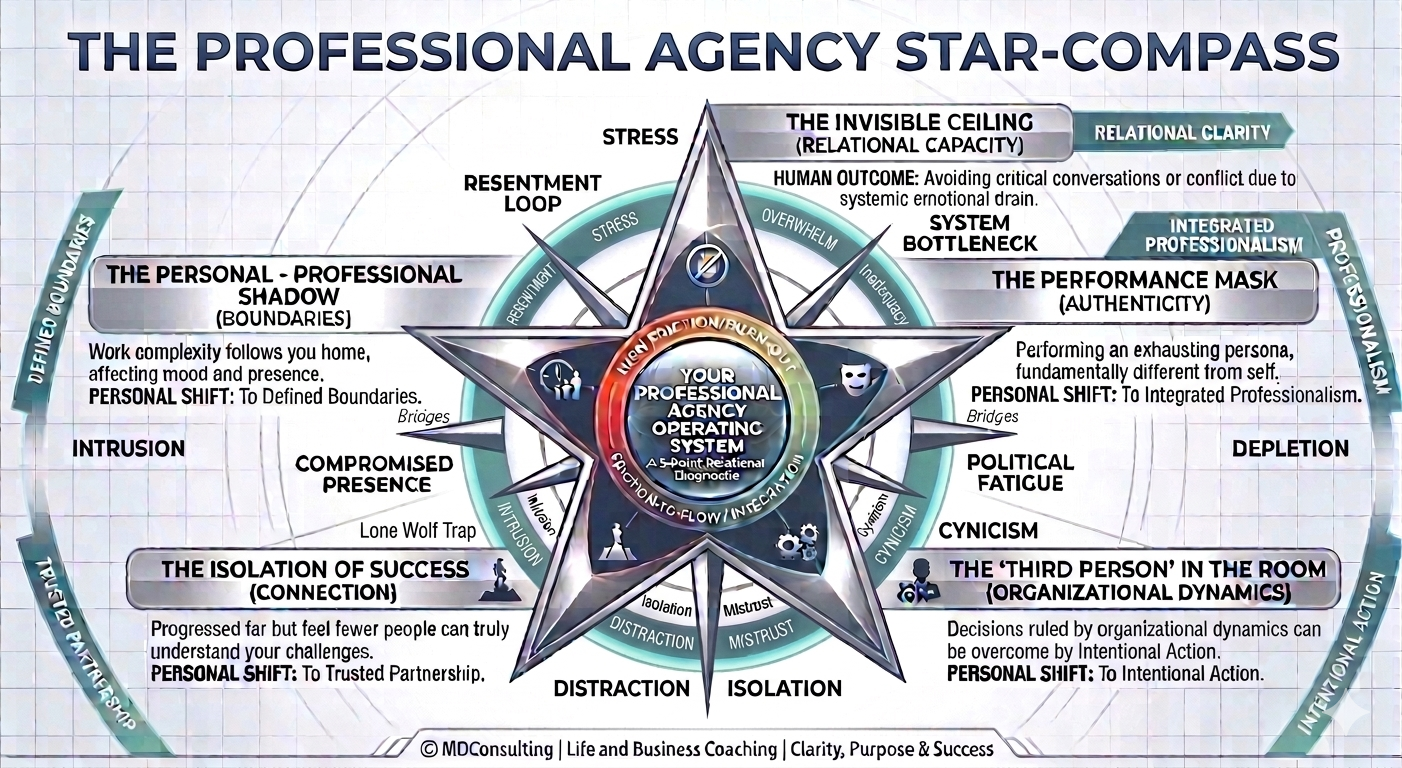 The Star-Compass diagnostic model for Professional Agency, showing a central magnetic compass hub surrounded by five points of professional flow and friction